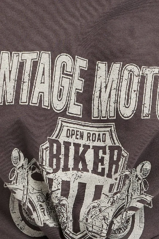 Grey T Shirt Short Sleeve Crew Neck Vintage Bike Cotton