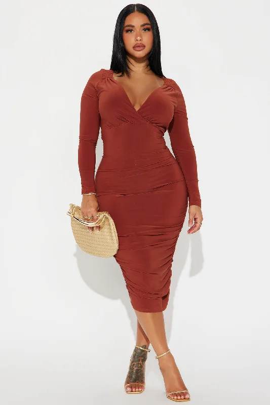 Hannah Long Sleeve Midi Dress - Cognac