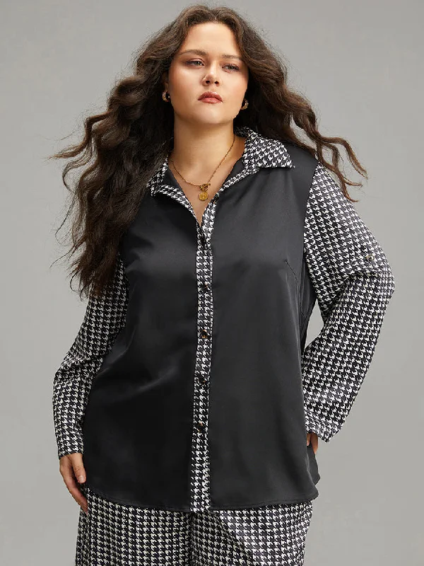 Twill Houndstooth Tab Sleeve Patchwork Blouse