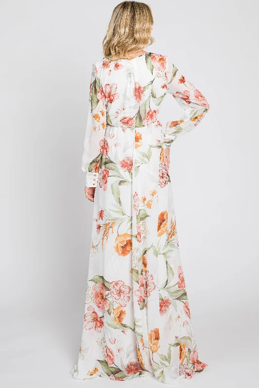 Ivory Floral Chiffon Long Sleeve Maxi Dress