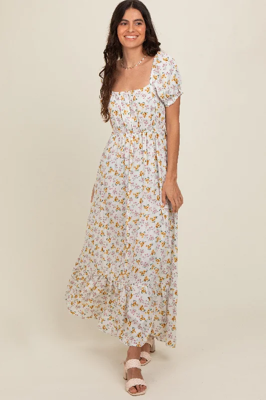 Ivory Floral Short Sleeve Maxi Dress