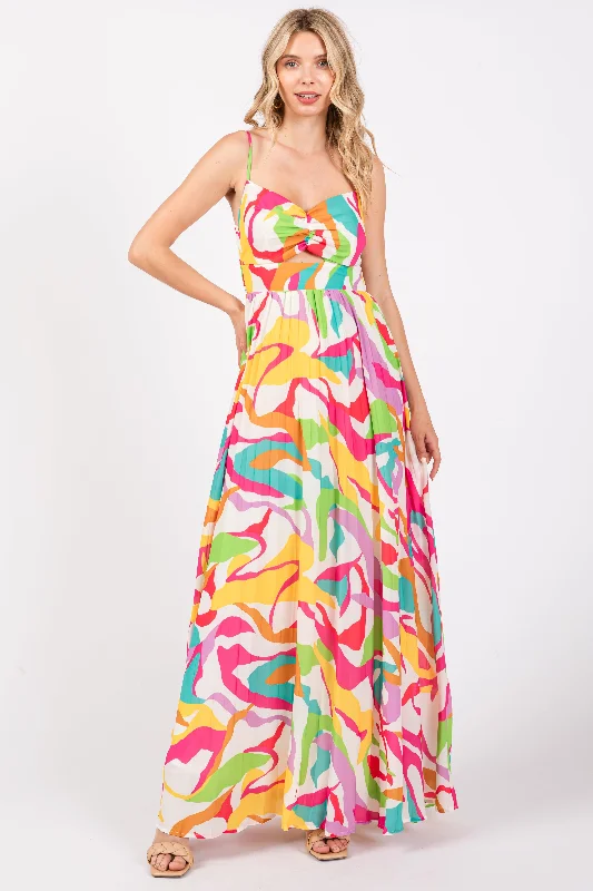 Ivory Printed Sleeveless Front Twist Maxi Dress