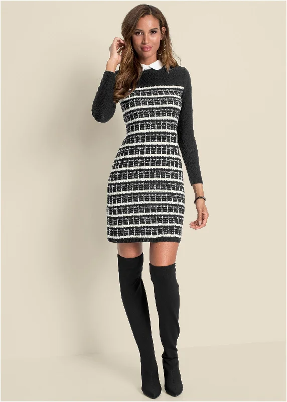 Collared sweater dress - Black & White