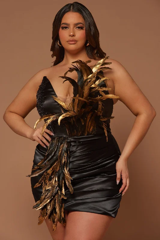 Jessy Feather Satin Mini Dress - Black/Gold