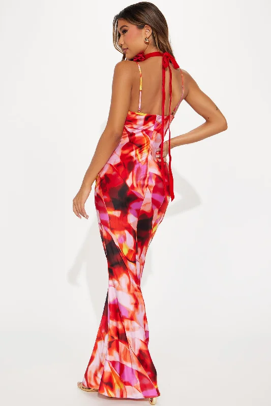 Juniper Printed Satin Gown - Red/combo