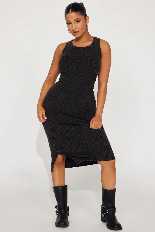 Kate Ribbed Midi Dress - Black