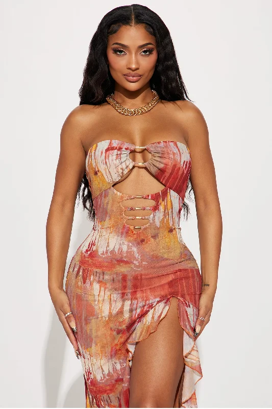 Katrina Ruffle Mesh Maxi Dress - Rust/combo