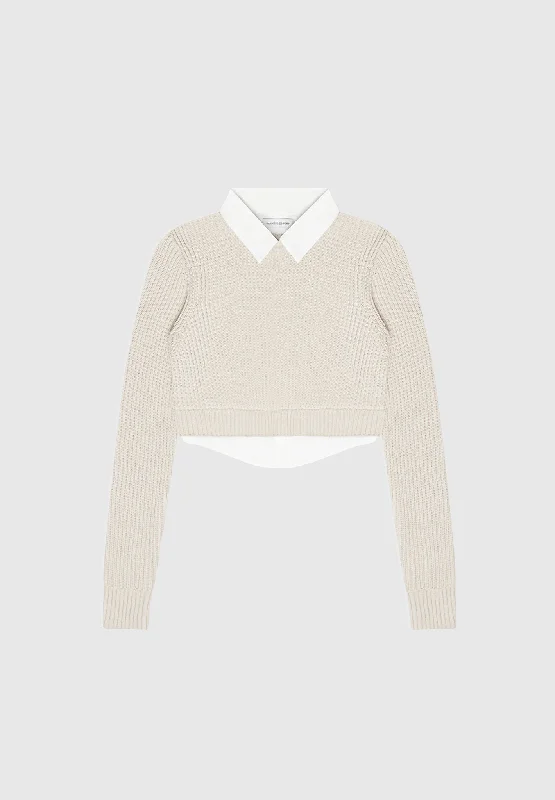 Knitted Jumper with Shirt Detail - White/Beige