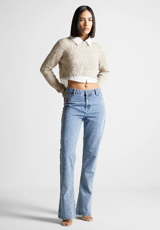 Knitted Jumper with Shirt Detail - White/Beige