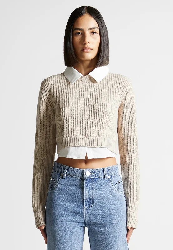 Knitted Jumper with Shirt Detail - White/Beige