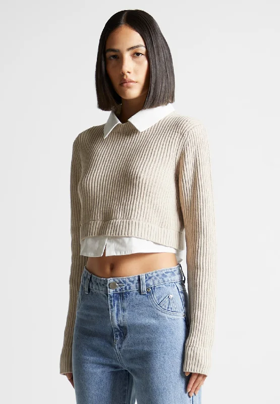 Knitted Jumper with Shirt Detail - White/Beige