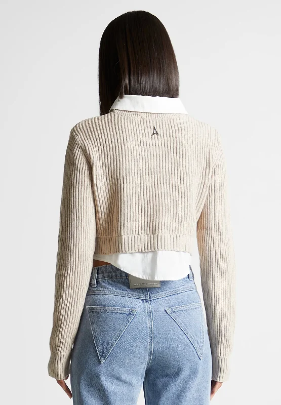 Knitted Jumper with Shirt Detail - White/Beige