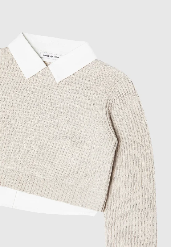 Knitted Jumper with Shirt Detail - White/Beige