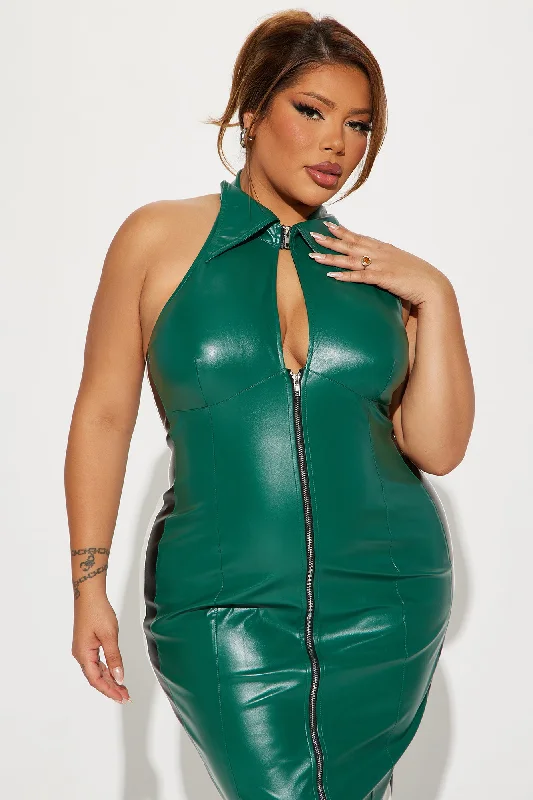 Leveled Up Faux Leather Midi Dress - Hunter