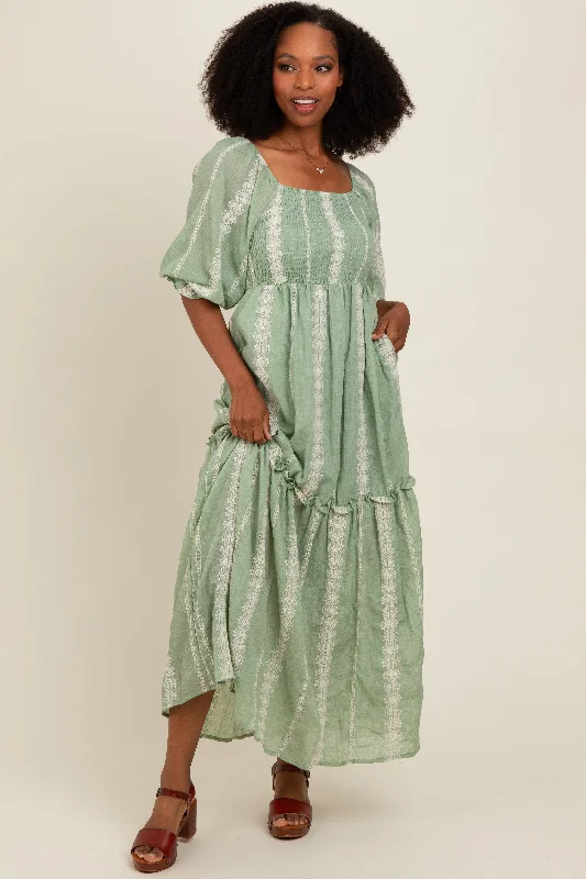 Light Olive Embroidered Detail Smocked Top Maxi Dress