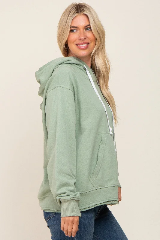 Light Olive Raw Edge Trim Drawstring Hoodie