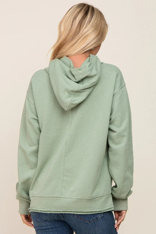 Light Olive Raw Edge Trim Drawstring Hoodie