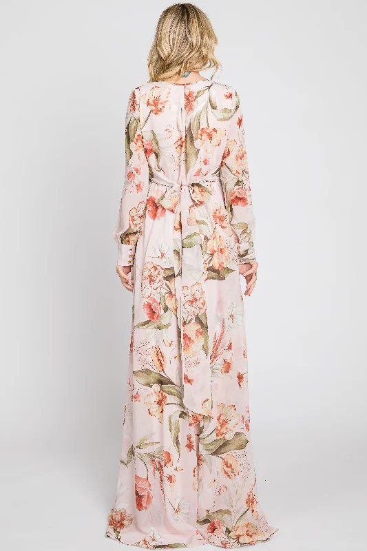 Light Pink Floral Chiffon Long Sleeve Maxi Dress