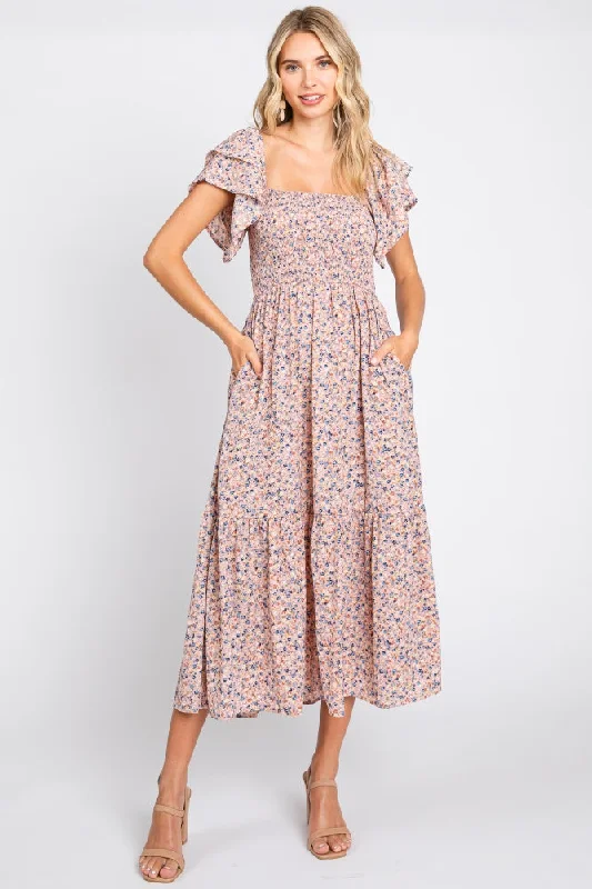 Light Pink Floral Flutter Midi Dress