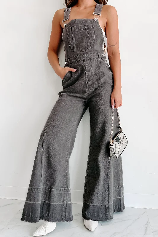 Lost In A Dream Wide Leg Denim Overalls (Charcoal)