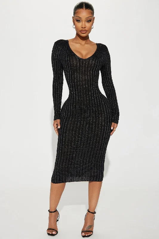 Luscious Perception Double V-Neckline Midi Dress - Black