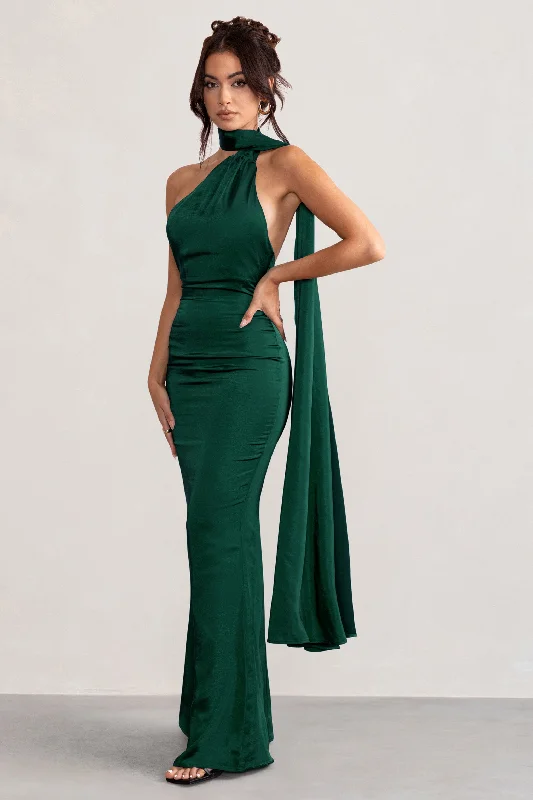 Mademoiselle | Bottle Green Satin Asymmetric Scarf Neck Backless Maxi Dress