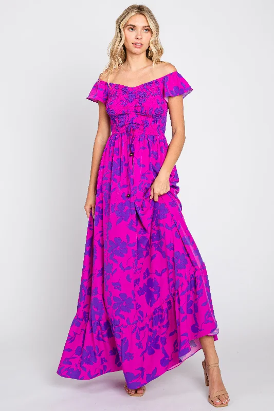 Magenta Floral Smocked Cinched Top Maxi Dress