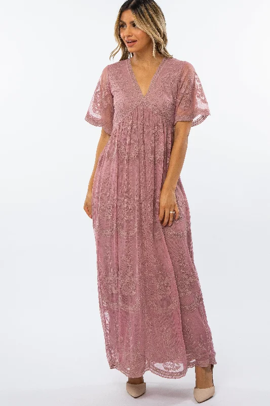 Mauve Lace Mesh Overlay Maxi Dress