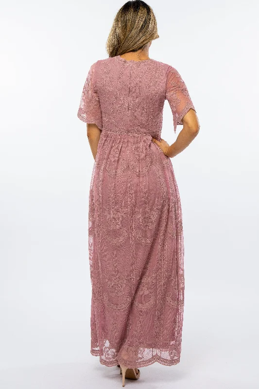 Mauve Lace Mesh Overlay Maxi Dress