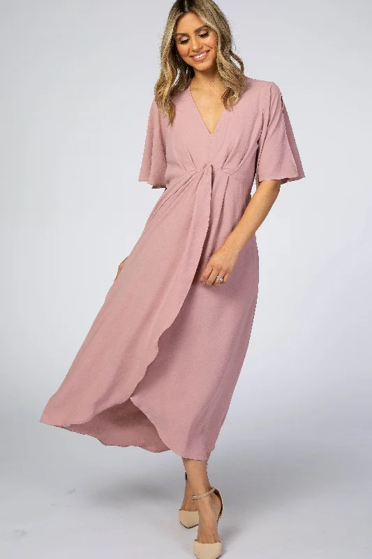 Mauve Open Sleeve Wrap Midi Dress