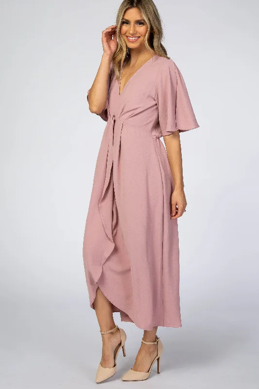 Mauve Open Sleeve Wrap Midi Dress