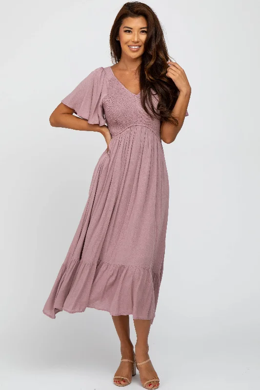 Mauve Smocked V-Neck Midi Dress