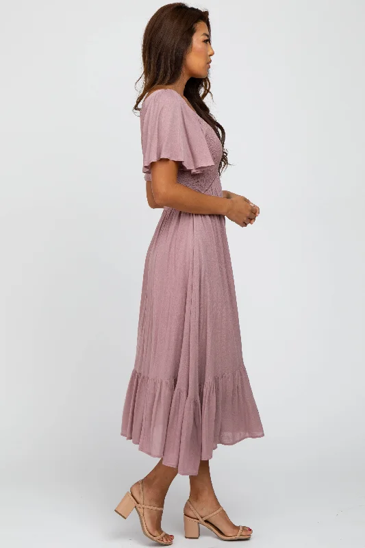 Mauve Smocked V-Neck Midi Dress