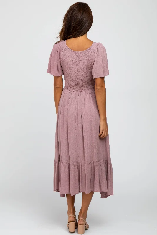 Mauve Smocked V-Neck Midi Dress