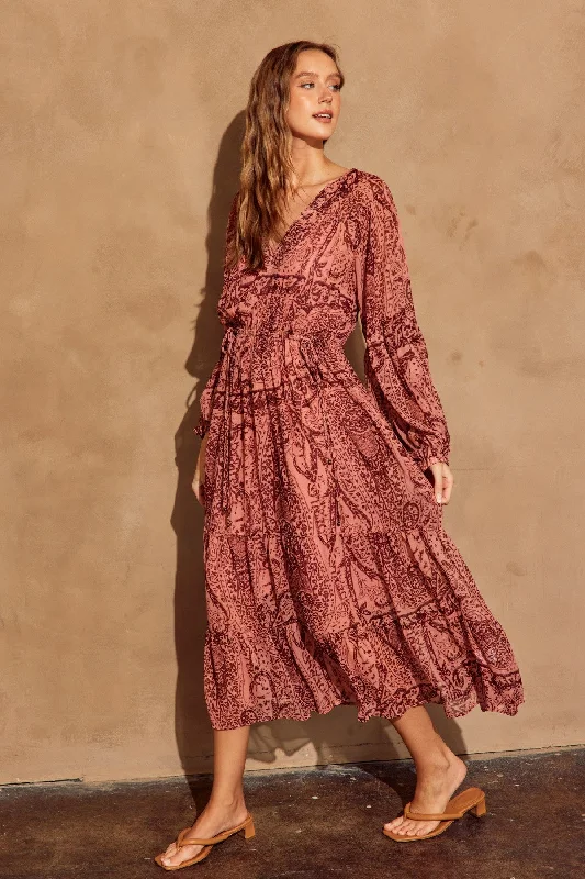 Mauve Wine Printed Bubble Sleeve Tiered Dress