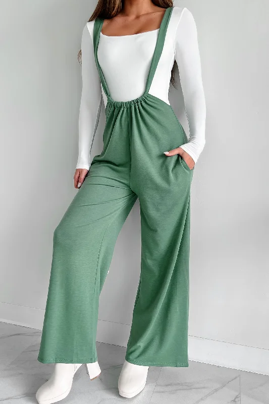 Message Received Wide Leg Suspender Jumpsuit (Military Green)