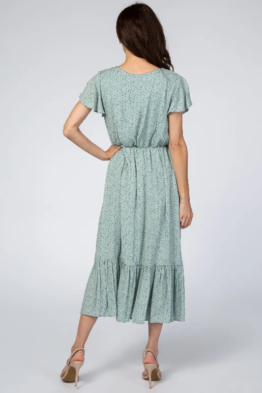 Mint Dot Print Ruffle Midi Dress