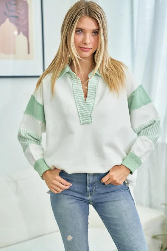 Mint Green Colorblock Stripe Collared Sweater