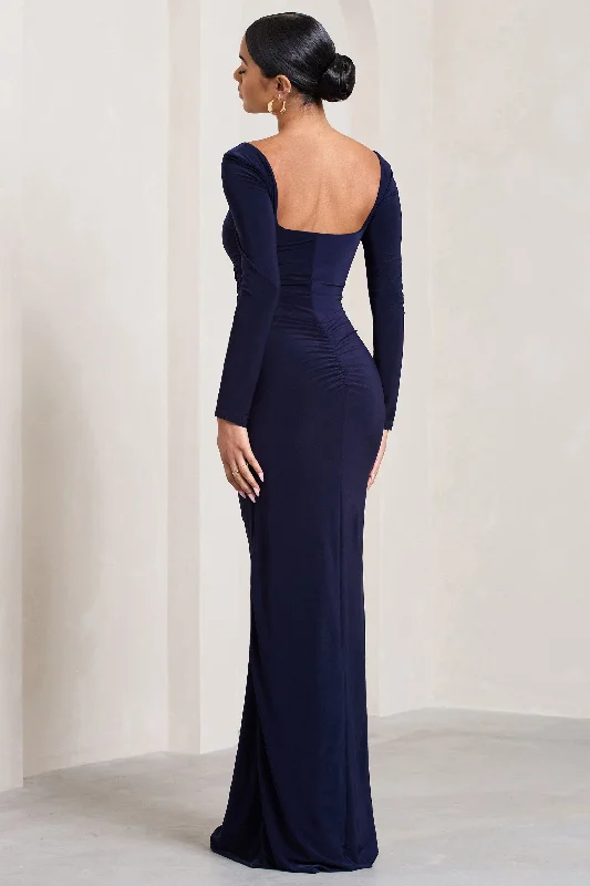 My Pleasure | Navy Square Neck Ruched Maxi Dress