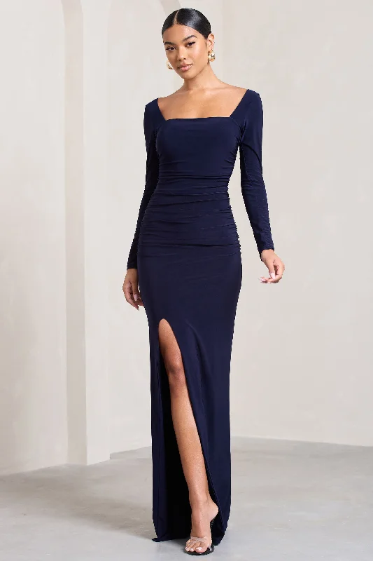 My Pleasure | Navy Square Neck Ruched Maxi Dress