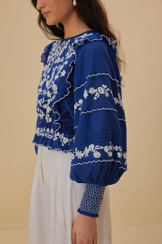 Navy Blue Embroidered Long Sleeve Blouse