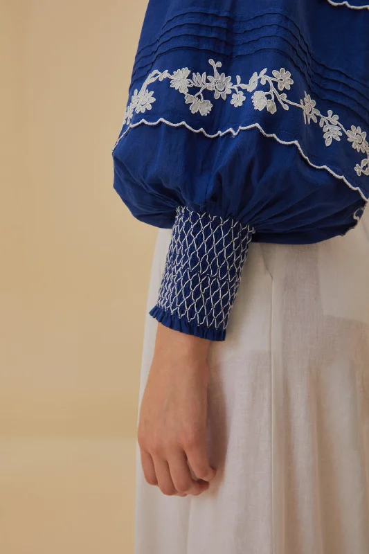 Navy Blue Embroidered Long Sleeve Blouse