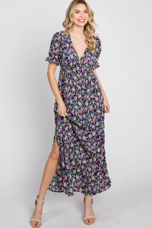 Navy Blue Floral Side Slit Maxi Dress