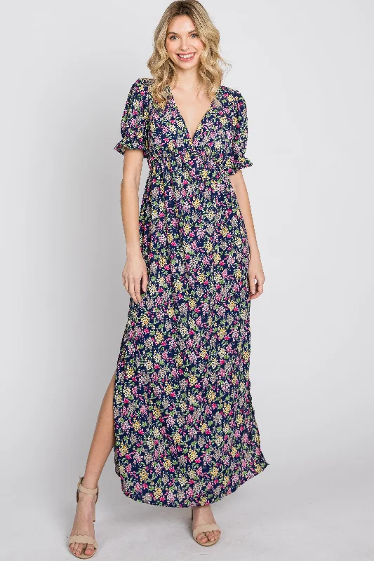 Navy Blue Floral Side Slit Maxi Dress