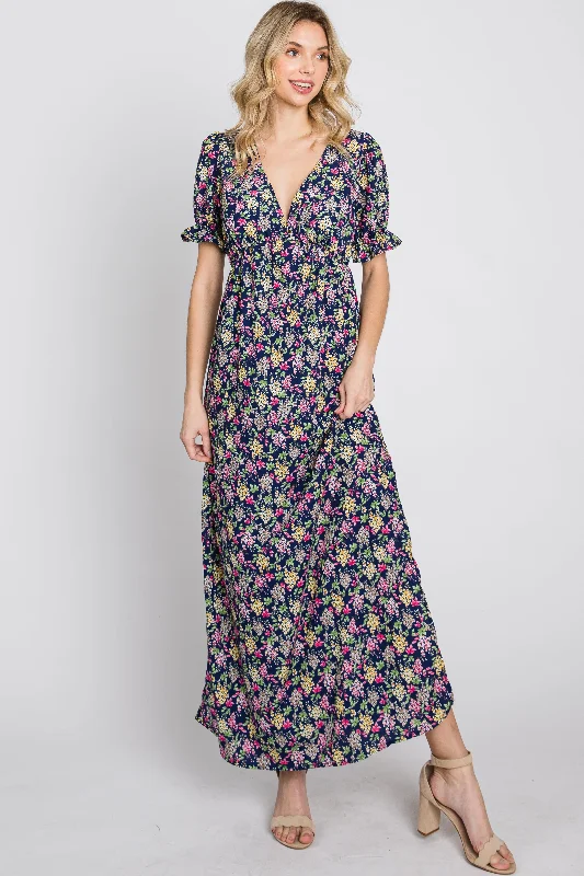 Navy Blue Floral Side Slit Maxi Dress