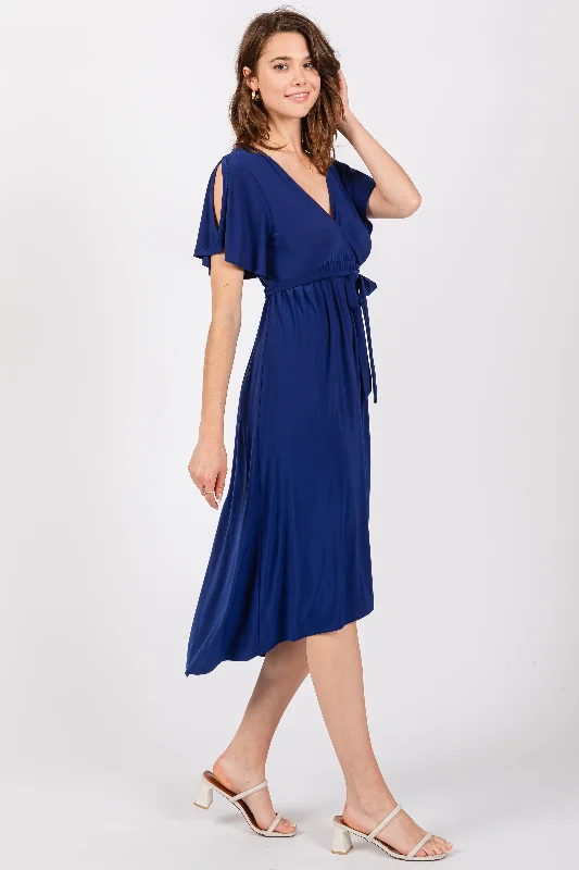 Navy Blue Flutter Sleeve Waist Tie Nursing Dress