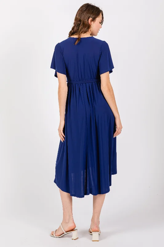 Navy Blue Flutter Sleeve Waist Tie Nursing Dress