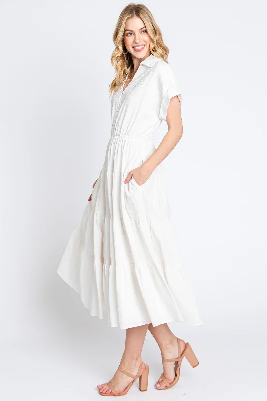 Off White Collar V Neck Cuffed Sleeve Tiered Midi Dress