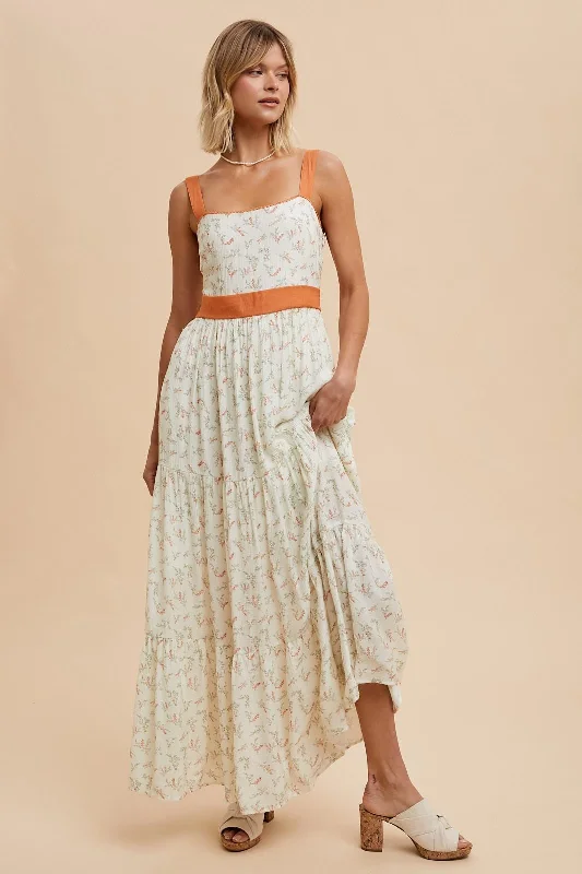 Orange Floral Contrast Sash Tie Maxi Dress