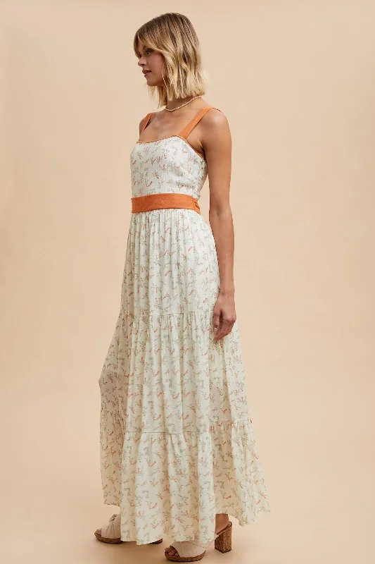 Orange Floral Contrast Sash Tie Maxi Dress